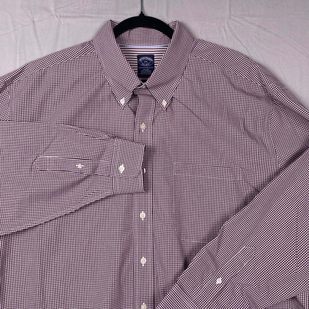Brooks Brothers Non-Iron Supima Cotton Gingham Shirt Mens 2XL Burgundy White LS